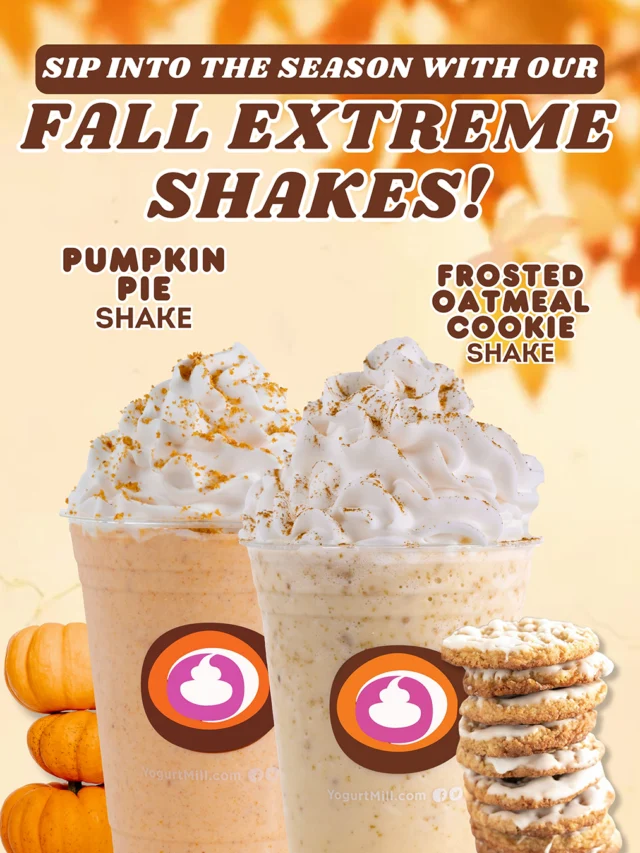 Extreme flavor. Extreme fall. 🍁🥤 Say hello to the shakes of the season: Frosted Oatmeal Cookie 🍪 + Pumpkin Pie 🎃. Only at Yogurt Mill!
