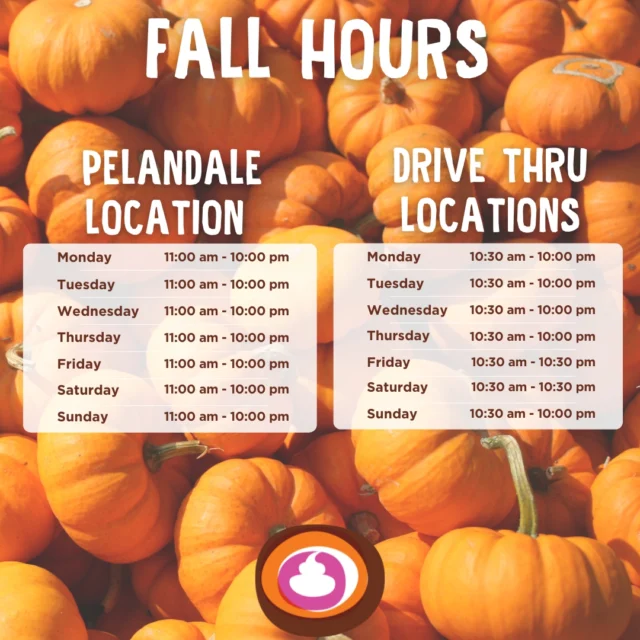 🍂 Fall Hours Are Here! 🍁
Our updated hours start now—come cozy up with your favorites!
ㅤ
📍 Drive-Thru
Sun–Thurs: 10:30 AM – 10:00 PM
Fri–Sat: 10:30 AM – 10:30 PM
ㅤ
📍 Pelandale Self-Serve
Mon–Sun: 11:00 AM – 10:00 PM
ㅤ
Stop by and enjoy the season with us! 🧡