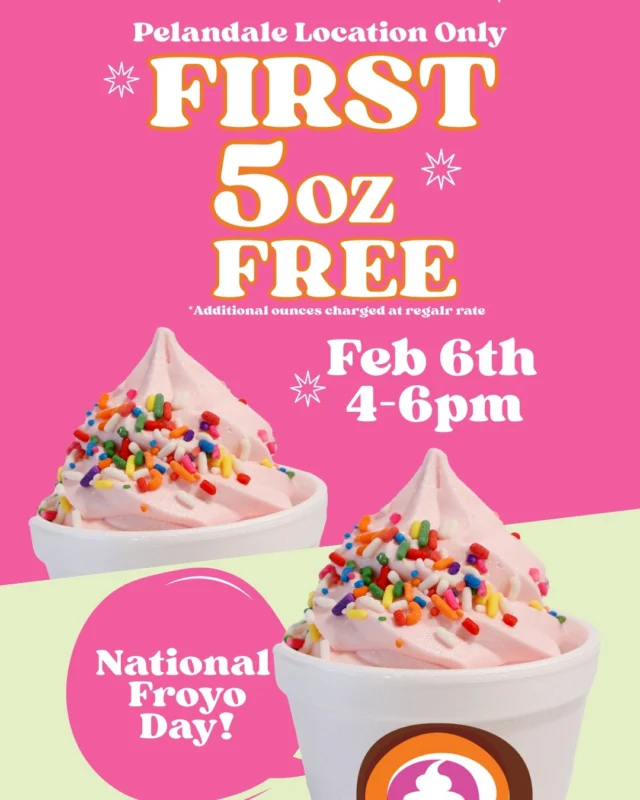 Join us at our Pelandale location for National Froyo Day on February 6th from 4–6PM 🍦💖
Enjoy your first 5oz FREE, with additional ounces charged at the regular rate.
