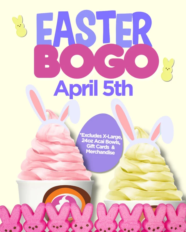 Easter BOGO is coming… 👀🐣
April 5th 🐥🌸
Buy one, get one FREE.🍦
Bring your friends. Bring your family.💗
Excludes X-Larges, 24oz açaí bowls, gift cards & merchandise.