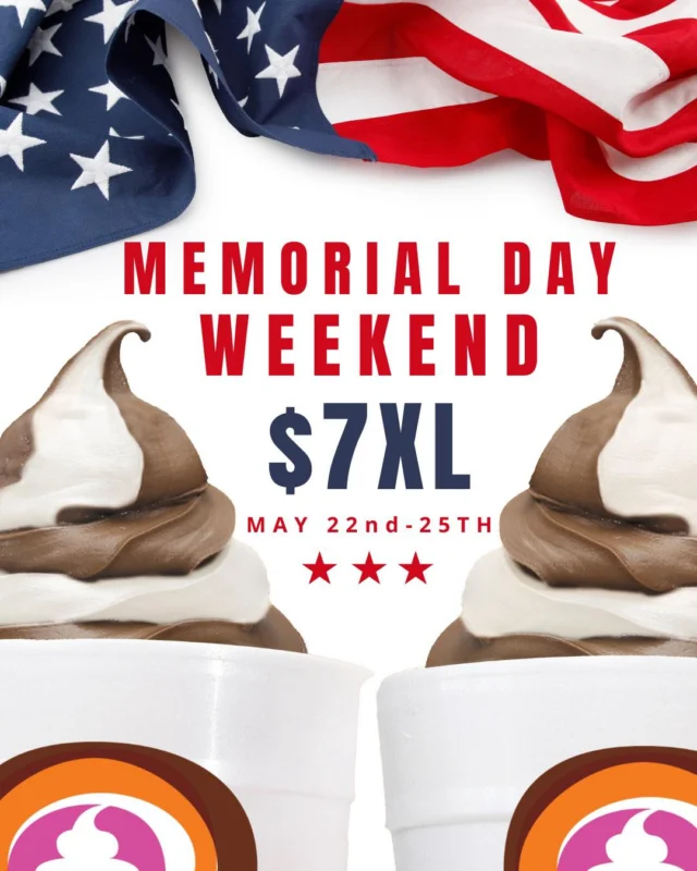 Memorial Day Weekend starts ONE WEEK from tomorrow 🇺🇸🍦
May 22nd–25th

Go BIG with our $7 XL Froyos 👀
Because long weekends call for extra swirls  to share with family and friends 🙌