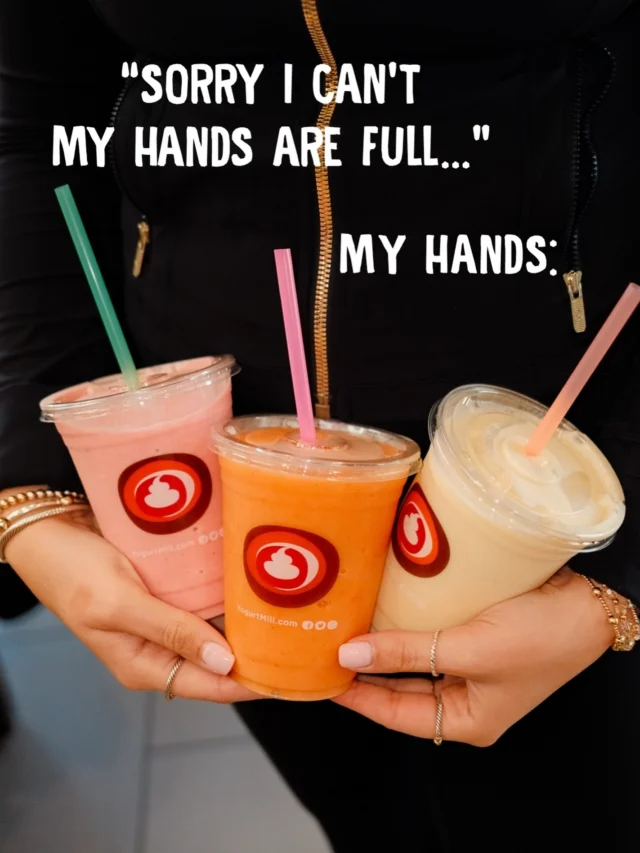“Sorry I can’t… my hands are full.” 👀🍓🥭🥤
One smoothie is never enough at Yogurt Mill 😏