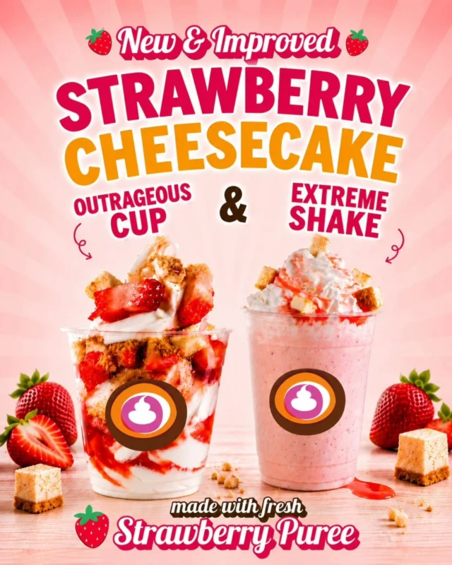 🍓 NEW & IMPROVED Strawberry Cheesecake Shake and Outrageous Cup! Made with our brand-new fresh strawberry puree for an even fresher, sweeter strawberry flavor in every sip and bite. Paired with real cheesecake bites and our signature YM Bakeshop pie crust, it's better than ever. 🍰✨