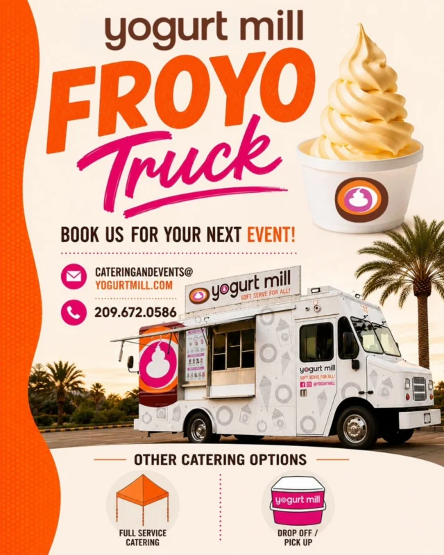 The sweetest part of your event is just a booking away. 🍦✨

Our Yogurt Mill Froyo Truck is available for:
🎉 Birthday Parties
💍 Weddings
🏢 Corporate Events
🎓 School Events & More!
📧 cateringandevents@yogurtmill.com
📞 (209) 672-0586