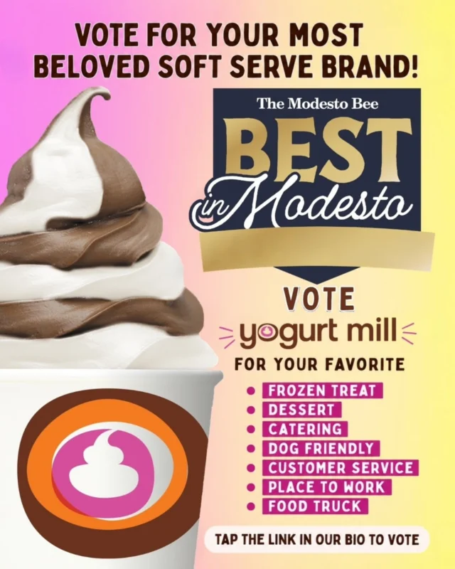🏆 We're honored to be nominated for Best in Modesto 2026!

If Yogurt Mill has been your go-to spot for frozen treats, we'd be so grateful for your vote. 💜🍦

Vote for Yogurt Mill in:
🍦 Frozen Treat
🍨 Dessert
🍽️ Catering
🐶 Dog Friendly
💜 Customer Service
💼 Place to Work
🚚 Food Truck

📲 Tap the link in our bio to cast your vote!

Thank you for supporting our family-owned business and for making us part of your sweetest memories. Your vote truly means the world to us! 🧡🍦