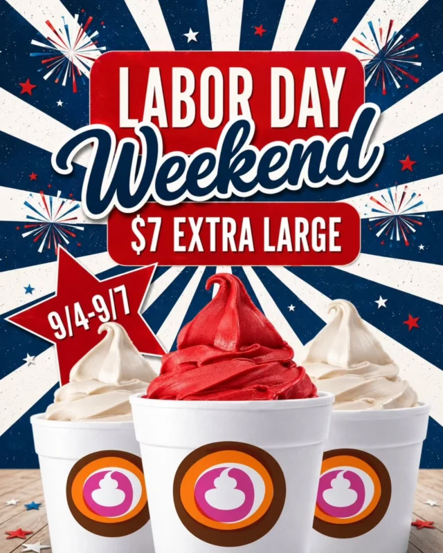 🇺🇸 Labor Day Weekend is almost here! 🍦
Celebrate with a $7 Extra Large Froyo from 9/4–9/7! ❤️🤍💙
The sweetest way to enjoy the long weekend.