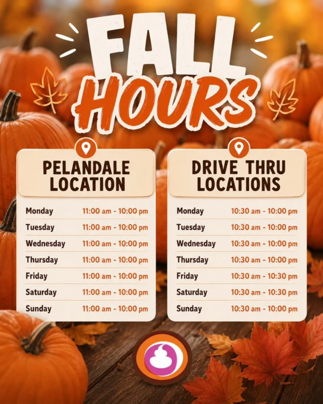 Our new Fall hours are starting September 7th! 🍂🎃

🚗 DRIVE THRU LOCATIONS:
Mon–Thurs + Sun: 10:30 AM–10 PM
Fri–Sat: 10:30 AM–10:30 PM

📍 PELANDALE LOCATION: 11 AM–10 PM daily
