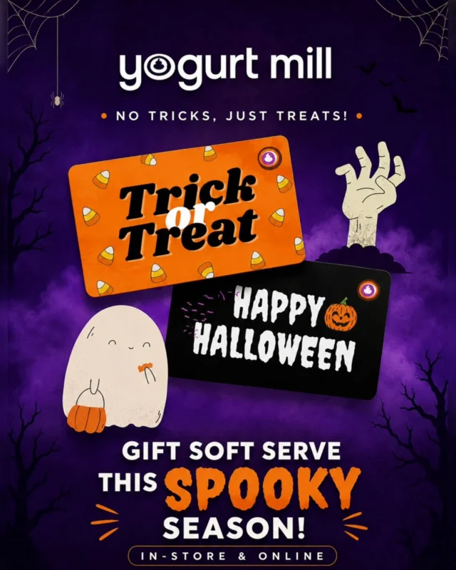 The sweetest Halloween treat doesn’t come in a candy wrapper. 👻🍦
Grab a Yogurt Mill gift card in-store or online 🎃