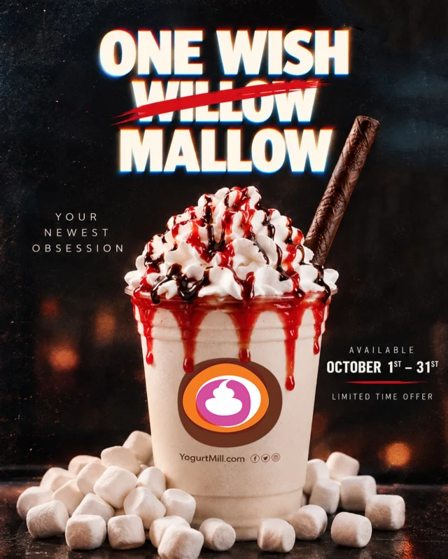 TOMORROW YOUR ONE WISH IS HERE. 👀🍦🩸

Meet the One Wish Mallow a marshmallow shake with a dangerously delicious twist.

Swirl the wafer.
Make your wish.
Break it in half.

You only get one wish. Make it count.

Available for limited time, October 1–31 only at Yogurt Mill. 🎃 #iykyk😂